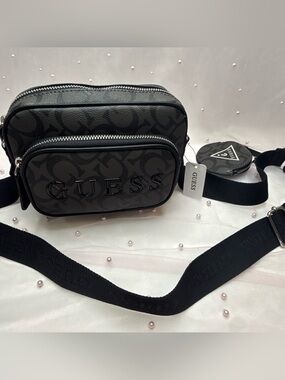 GUESS Women’s Black Gray Monogram Logo Small Crossbody Zip Bag w/ Pouch 🖤